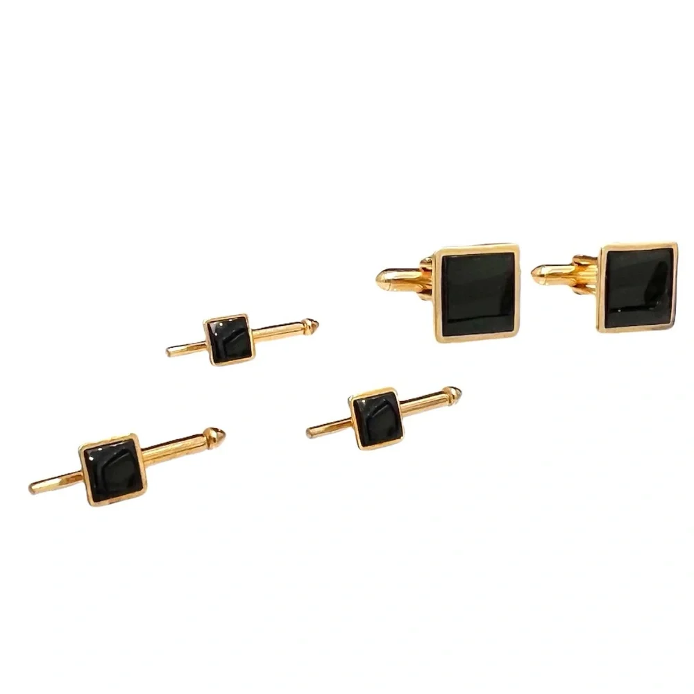VINTAGE SWANK GOLD TONE & BLACK ENAMEL SQUARE CUFFLINKS & SHIRT STUDS